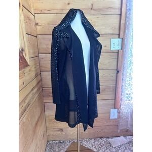 Mesh Duster Jacket Women Large Black Polka Dot Trim Hooded Open Front Cardigan